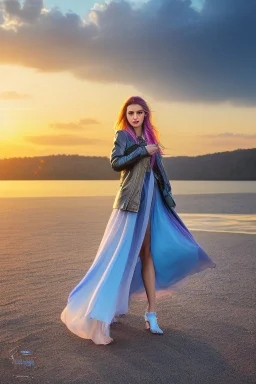 half body shot,realistic portrait of a 20-25 old caucasian model, long blue pink flowing hair, great grey eyes, blue leather jacket,full body, short white skirt,long legs,standing at beach of very nive lake with sunset ,clouds,godrayes