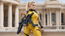 A happy modern Barbarella warrior with a machine gun covered by tattoos, 24-years-old her lean muscular frame wrapped in a yellow tactical bodysuit and a bullet proof vest over her bossom. Her blonde hair is pulled back in a tight ponytail, revealing blue eyes, she stands on the balcony of the marble palace of a modern dictator, behind we see the beach and palm trees [vintage style noisy scratches glitches, Shot the texture and then rewound the film and double exposed from a 1970 B series movie]
