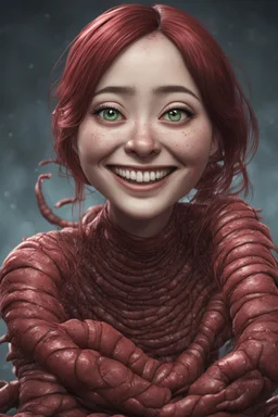 Woman smiling, worms streaming from his eyes, siting pose, fullbody, Junji Ito style, darkred tones, high detailed, 4k resolution, digital paiting, 3d pixar disney the cinematic FKAA, TXAA, and RTX graphics technology employed for stunning detail.