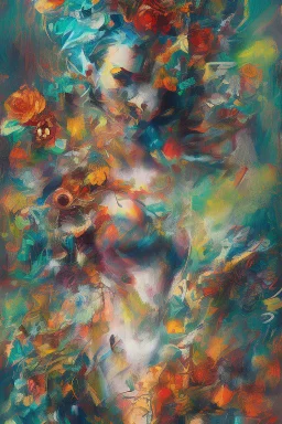 Generate a captivating digital artwork where a vivid explosion of images on a canvas bursts forth, weaving together elements of a woman, demons, tattoos, flowers, and stormy hues. Capture the essence of dynamic creativity in this abstract masterpiece."