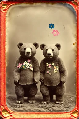 Ours brun avec des fleurs peintes, , tintype