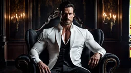 A breathtaking cinematic portrait of a handsome, muscular man around 35 years old sitting confidently in an elegant Victorian armchair inside a dark Gothic castle room. He has medium-length dark hair, dark eyes, subtle stubble, and an intense, determined gaze looking directly into the camera. His white shirt is partially unbuttoned, revealing part of his chest, with fitted black leather trousers, pale light, dark colors. in background a blur vampire voman stands in shadow, detalied, cinematic