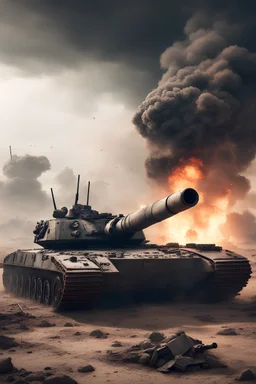 abandoned and smoking futuristic tank sinking in mud on the battlefield front line. Tank has a big gun that is knocked out of operation. Fire all around. Environment is an alien planet with a black hole for a sun, explosions in the distance.