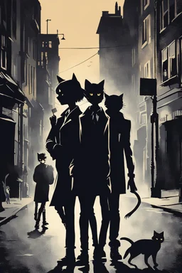 Design a detective book cover for teenagers. A teenage girl in the centre and two boys on her sides are on the town street. Black Cat as a company. Banksy style, pop art style, dark mood, mysterious atmosphere