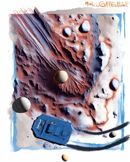 High-altitude lunar reconnaissance satellite image of a young impact crater with larger regolith along right ride. A damaged metallic alien sphere with fracture lines like an egg. organic growth across regolith and up crater walls. Along the lower frame edge a small modern bare-bones lunar-vehicle sits near the rim with visible wheel tracks. comic pencils