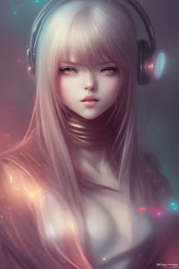 Realistic misterious Anime girl close and personal in warm abstract background