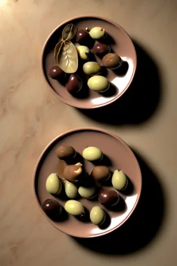 renaissance style still life Of Ravioli dish with natural chocolate and hazelnuts, olives, olive oil. moisture, art, natural, ornaments, marble, gold, high kitchen, smooth, gradient color background, unreal engine 5, ray tracing, RTX, lumen lighting, ultra detail, volumetric lighting, 3d.