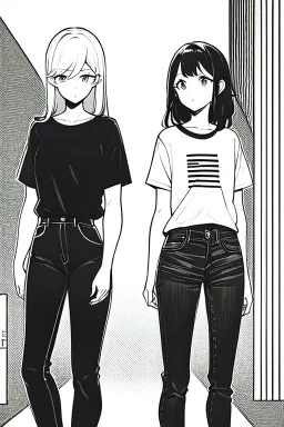 two girls dressed in jeans and a T-shirt walk in the city, line arts, greyscale