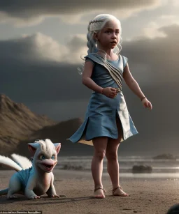 Daenerys Targaryen toddler, full body, dramatic lighting, angry, hyper realistic,