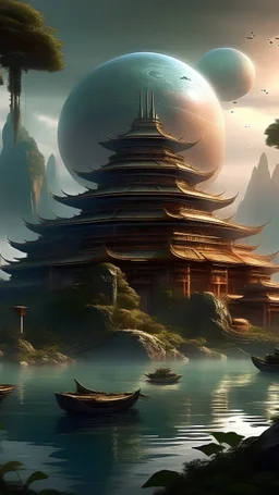 sci fi planet, chinese temple, rivers, beautiful, futuristic