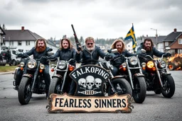 a very hard and tuff motorcycle young gang with Keltic hair , not old, posing with their Harley Davidsson bikes, some of them holding guns and shotguns, a logo sign with "FALKÖPING HD", "FEARLESS SINNERS" Skulls and bones, skeletons and fire, Swedish town Falköping in background, Swedish flags on bikes, Simon Stålenhag style