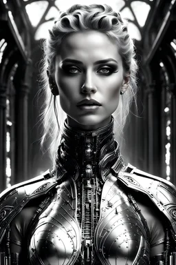 Generate an 8k image of a futuristic Hollywood superstar with android features, inspired by Luis Royo's art, wearing a metallic exosuit.In black and white, he draws the stages of human development from fetus to old age In a long room and a graveyard, and there is only one lighting source