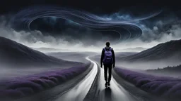 A solitary androgynous figure seen from behind, carrying an oversized heavy dark backpack, walking alone along a long winding road floating on a vast dark sky. Surreal abstract dreamscape, the road curving into endless darkness, abyss, mist, uncertainty and emotional weight, alone caracter, black gray, Dark blue, charcoal and muted purple tones, deep sky, digital art, etheral, atmospheric