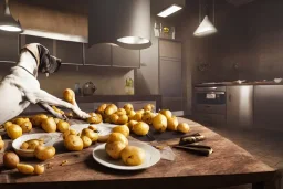 Great Danes stealing food off of a work surface in a kitchen, roast, potatoes, 8k resolution concept art hyperdetailed dynamic lighting DSLR maximalist matte background