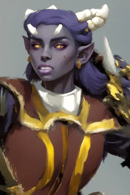 Purple-skinned female tiefling in milltary attire with glowing yellow eye holding her weapons in both of her hands