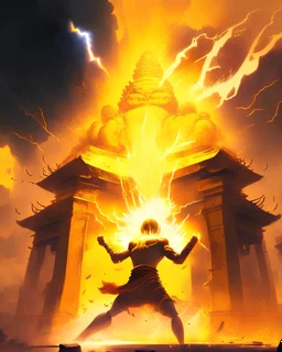 a person destroying with the help of yellow lightning striking and exploding the temple inflicting raging anger and fire in the atmosphere with orange sky