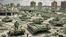 Israeli soldiers and tanks stand on a very large chessboard in the middle of a destroyed city