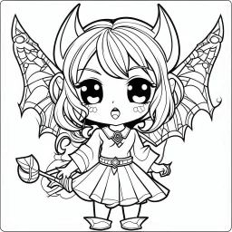 create a 2d black outline, " kawaii devil girl with bat wings coloring book for kids", coloring page, low details design, black contour, coloring page design, colorful , card style, coloring page for kids, halloween backgorund,sketch style,