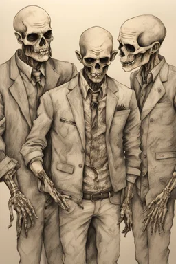 Zombie boy band called Skeleton Crew; Intricate Line Drawing; Ink Wash With Watercolor Paint