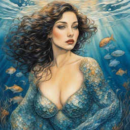 [art by Milo Manara] In the depths of the sea, a captivating mermaid emerges, her form a fusion of sensuality and aquatic allure. Iridescent scales adorn her lower half, blurring the line between woman and fish. Suggestive tattoos embellish her body, revealing a lack of inhibitions and inviting exploration. Her captivating gaze holds untamed desires and secrets within, igniting passions. With graceful movements, she embodies seduction and liberation, blurring boundaries and embracing the extraor