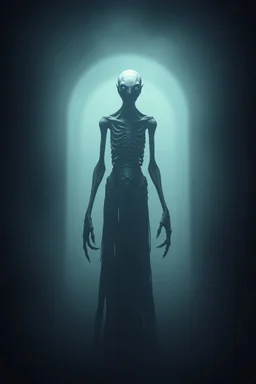 A tall slender pale creepy creature, it's limbs are anorexic,it is in the end of a long dark corridor, ominous fog ,it's face is unnatural,the space around him twists into a metaphysical hell, highly detailed, cinematic lighting,deep shadows,ray tracing,8k resolution