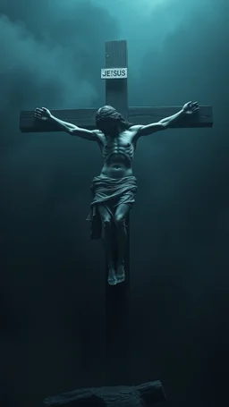 ,surrealism of the dark of a nightmare , hyper photorealistic, hyper detailed bright art color, high resolution, fog, octane render, tilt shift, HDRI Environment, all pictures dark gray, status of Jesus on the cross