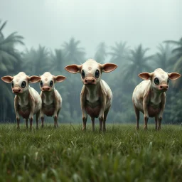 far in the distance five very big cute-crepy weird creatures stand on four legs with one giant eye , without ears , with big cow udders between their legs, peacefully grazing the grass, in the background there is a jungle, rain, realistic, detailed, sci-fi, fantasy, cinematic