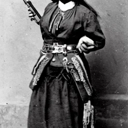 sepia portrait of female mexican outlaw wearing gunbelt holster with guns on waist, bandolier belts with rows of bullets criss-cross chest, long black wavy hair, beautiful face, 1800s, 8k, high-quality, ultra-fine detail,