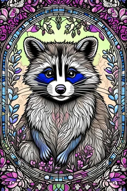 stained glass window design of an overwhelmingly beautiful racoon framed with vector flowers, long shiny, wavy flowing hair, polished, ultra-detailed vector floral illustration mixed with hyper realism, muted pastel colours, vector floral details in the background, muted colours, hyper-detailed ultra intricate overwhelming realism in a detailed complex scene with magical fantasy atmosphere, no signature, no watermark