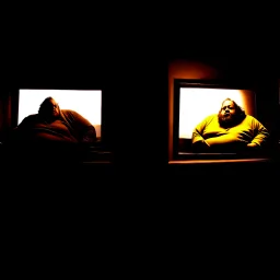 comicbook, 2 panels, muted colors, in the left panel, a fat, bearded man watches the tv, (in the right panel, (side angle view:1.2)of the tv), background is a haunting dimly lit, decrepit room.The atmosphere should be chilling, with shadows and decay adding to the eerie ambiance.