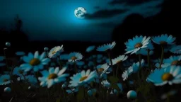 I see daisies blooming in the moonlight, my eyes wide open. Icy blue sky, I'm scared