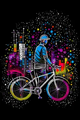 The bike goes in an abstract state, then fumes come out. Have the city silhouette in front of you. Produce it in png format that can be used as a logo. Create a unique t-shirt design in PNG format using artificial intelligence. The design should incorporate elements of artificial intelligence, such as neural networks or robots."