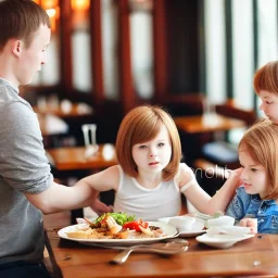 Realistic photo Russian shorthair beautiful 20-years tomboy boyish boylike young wife wide hips in restaurant with little daughter