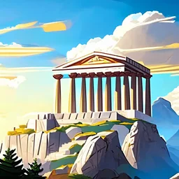 mount olympus from the greek mythology. High up in the mountains. Illustration. Cloudy. Sun behind the temple of Zeus.