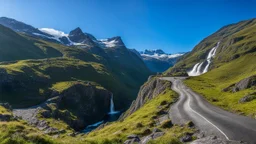 Stigfossen, rocky hilltop, valley, waterfall, road, mountains, sky, beautiful composition, award-winning photograph, astonishing realism, 28mm lens, adjust perspective