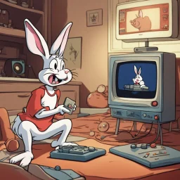 bugs bunny watching a tv about a video game with a pig doing music