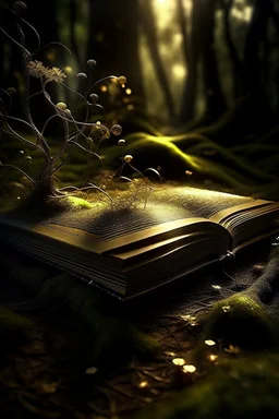 a gloomy mystical forest a magical book lies open, light comes out of it in the form of small golden dots shining golden highlights and grass sprouts branches everywhere a lot of swamp lights haze, Gothic, fantasy, detail, professional photo, detailed drawing, transparency, horror, hyperdetalization, full view, a very beautiful book. beautiful Gothic font