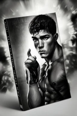 white skin man , book cover design reflecting the journey of a young, ex-boxer fighting immigrant with a heavy past and long path of challenges. The design captures his hopeful spirit amidst adversity, portrayed in a modern setting with a black and white color scheme that adds depth and emotion to his character.