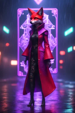 Volumetric fog fox elf lights,paradise sacred geometry framed playing card, black, red, spore and purple neon cyber punk dancer priestess teurgist in soaked rain coat shadows boss card in the style of escher and fallout 4 ,,bokeh like f/0.8, tilt-shift lens 8k, high detail, smooth render, down-light, unreal engine