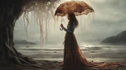 Full Body Shot Of A Young, Slim Woman Covered In rags, standing under a tree, holding an umbrella made from a jellyfish, a glowing ball in her hand, photorealistic, Detailed Matte Painting, Deep Colour, Fantastical, Intricate Detail,