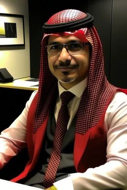 A Saudi lawyer wearing a modern red Saudi shemagh and headband law office