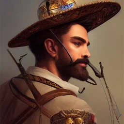 portrait,"Insanely detailed photograph of a western mustachioed crossbowman", charo detailed, sequenced Sombrero, detailed D20 flair, digital painting, artstation, concept art, smooth, sharp focus, illustration, art by artgerm and greg rutkowski and alphonse mucha, 8 k