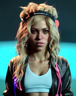 portrait, Shakira, blonde artist, angry, Realistic image, MMA robe, hoodie, mma gloves, loose long hair, eyes, make-up, gold line make up, moisture, sweat, fog, goddess, Neon colors, leds. Black background, photo studio, concept art, smooth, unreal engine 5, god lights, ray tracing, RTX, lumen lighting, ultra detail, volumetric lighting, 3d, finely drawn, high definition, 4k.