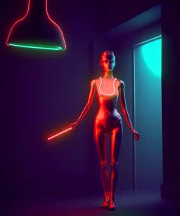 Ultra realistic photographic night portrait, cinematic, happy <woman> in garage <droid friend>, hot, retro futuristic dress <Helmut newton photo style>, neon lights, color fog, soft color, highly detailed, unreal engine 5, ray tracing, RTX, lumen lighting, ultra detail, volumetric lighting, high definition.