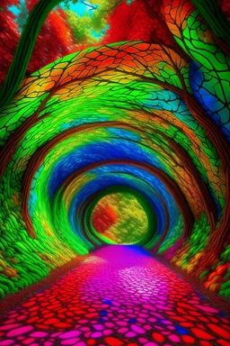 In the heart of an untouched 8K high-definition primeval forest, a mesmerizing kaleidoscope of colors unfolds within a timeless tunnel, creating a vivid gateway to another dimension. The rich hues of nature paint the scene, as if time itself is woven into the very fabric of the lush surroundings.