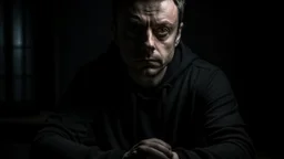 In the photo, we see a man sitting in the dark, looking at the camera with a cold gaze. The man is dressed in black and seems uninterested in what is going on around him.