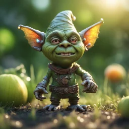 electric mummy gremlin t-pose upper body of gnome goblin orc made from tinted murano glass in long grass inspecting a melon ,bokeh like f/0.8, tilt-shift lens 8k, high detail, smooth render, down-light, unreal engine,bokeh like f/0.8, tilt-shift lens 8k, high detail, smooth render, down-light, unreal engine