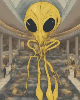 Distorted large yellow insectoid alien black eyes, in a mall, sci-fi art, graphic design, digital illustrated scene, alien art, high strangeness, absurdist, cartoonists