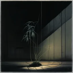 Minimal abstract oil painting of a plant in concrete warehouse brutalist architecture and hanging wires illuminated at night.In the style of Frances Bacon