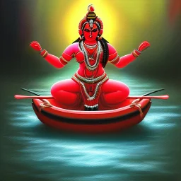 An oil painting of goddess Kali crossing a lake, neon red colors,